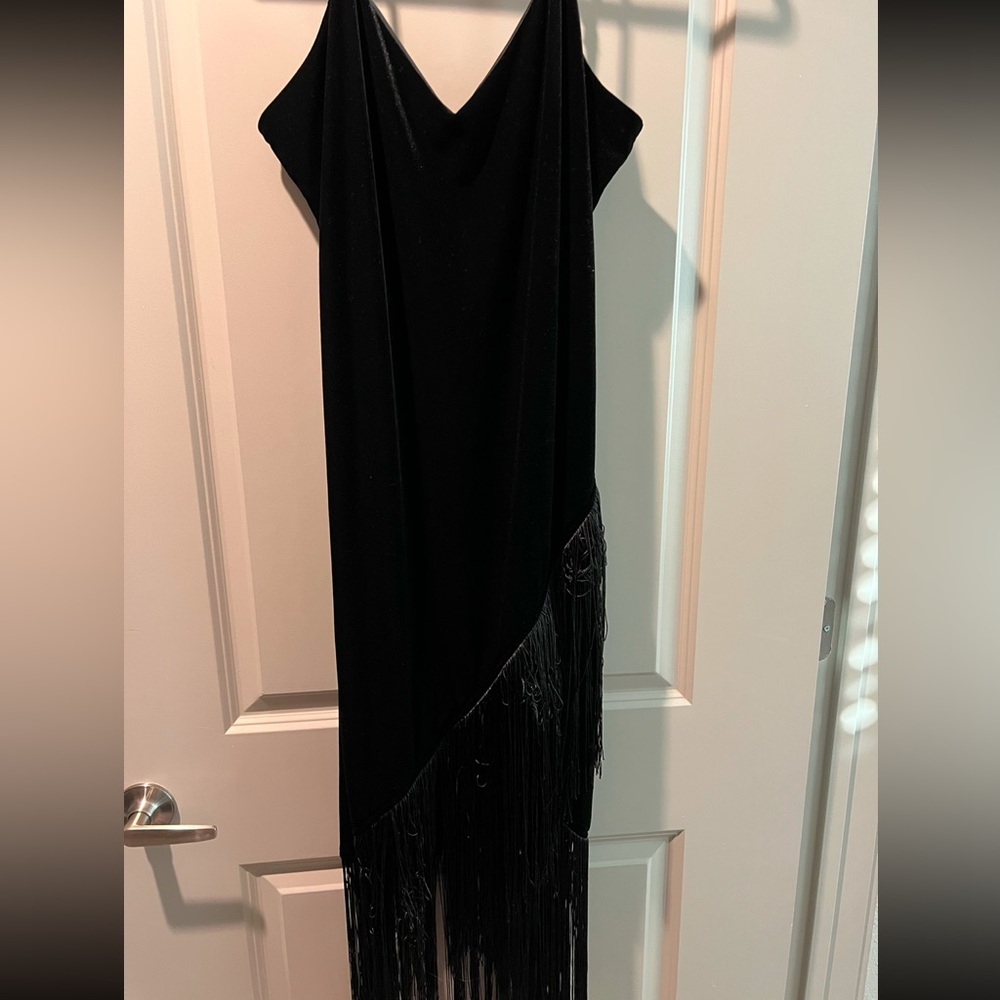 Skies are Blue Velvet Black Fringe Midi Dress
